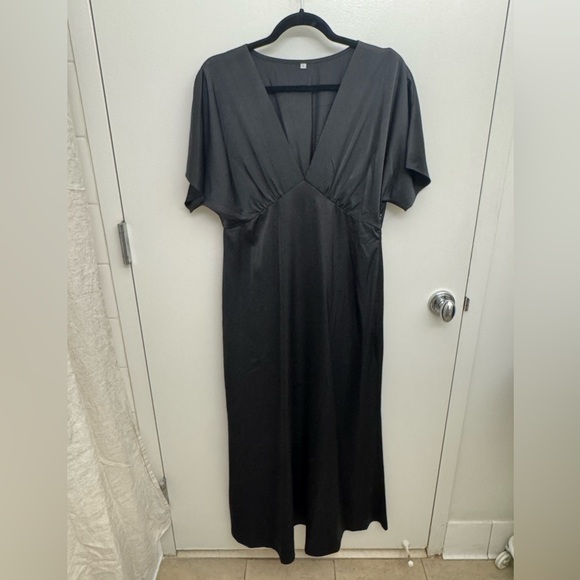 Satin V-Neck Flutter Sleeve A-Line Gown - Picture 3 of 6